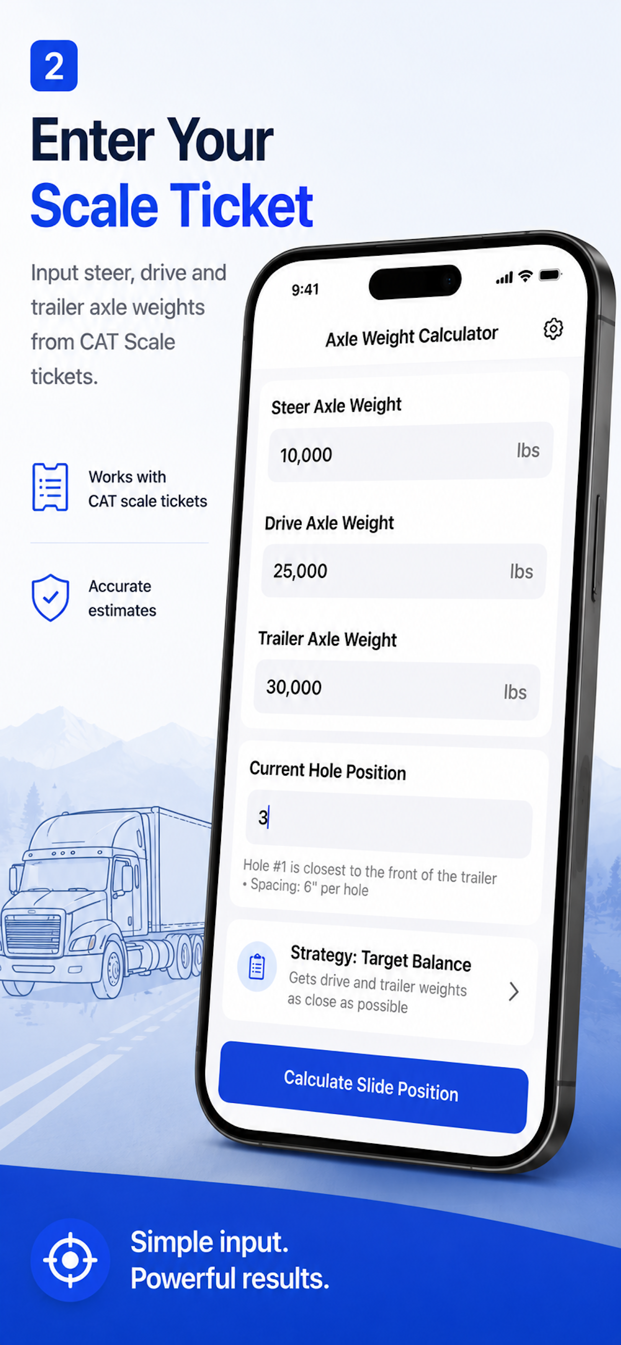 AxleSlide app screenshot for entering CAT Scale steer drive and trailer axle weights