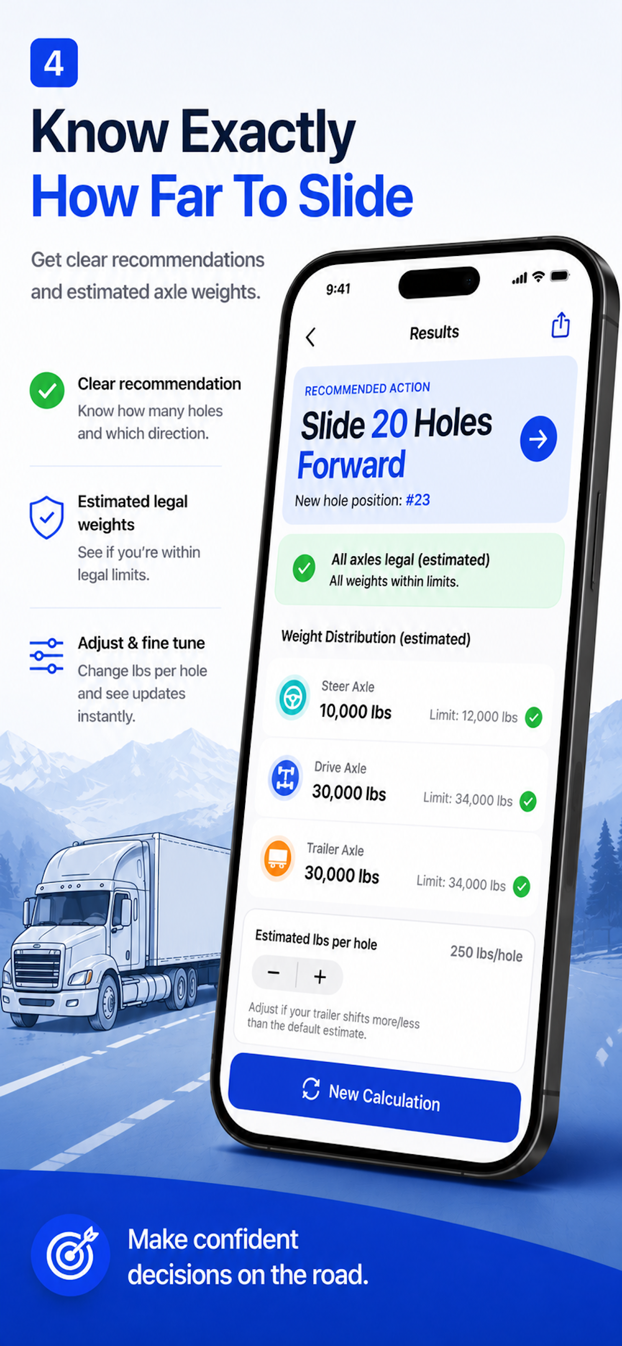 AxleSlide app screenshot showing tandem slide hole recommendation and predicted axle weights