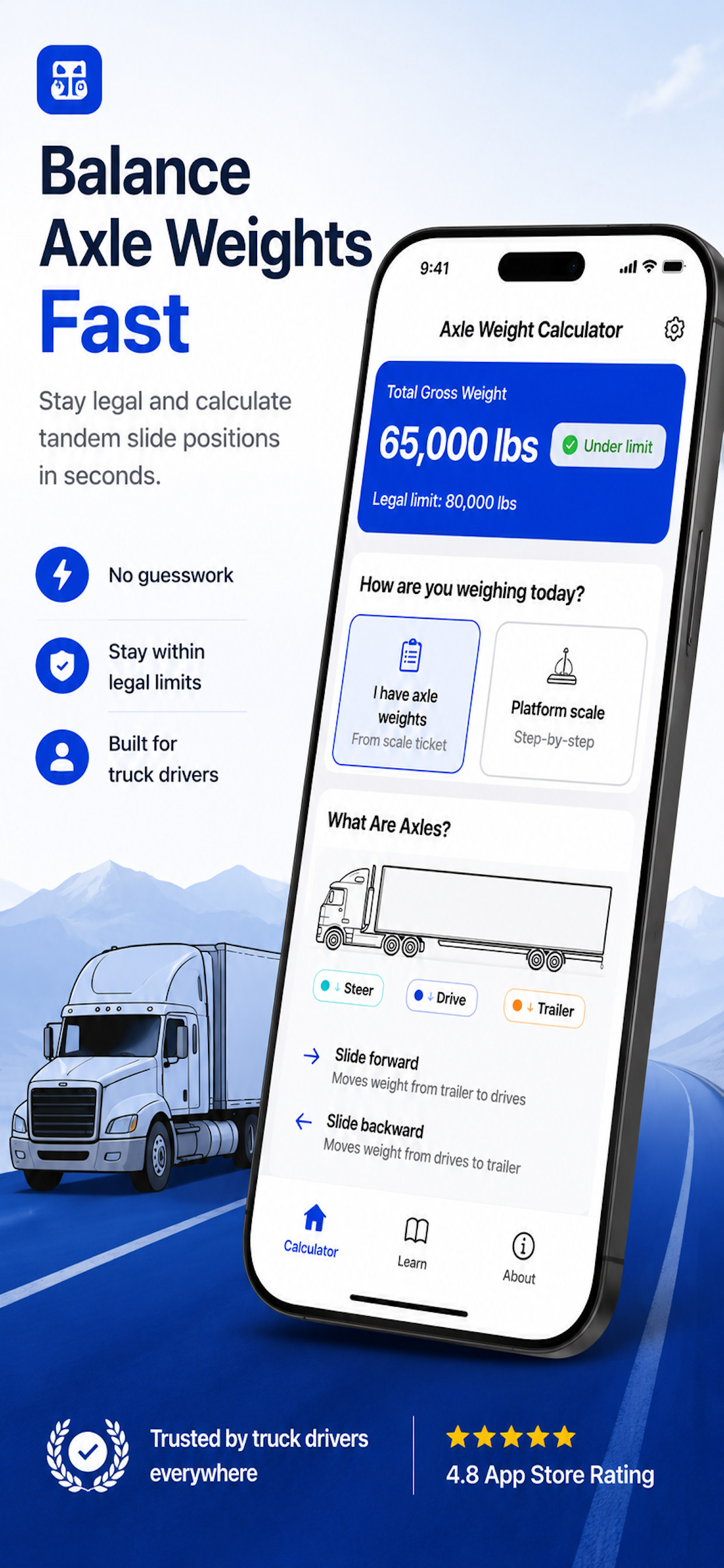 AxleSlide truck weight calculator app screenshot for tandem slide positions