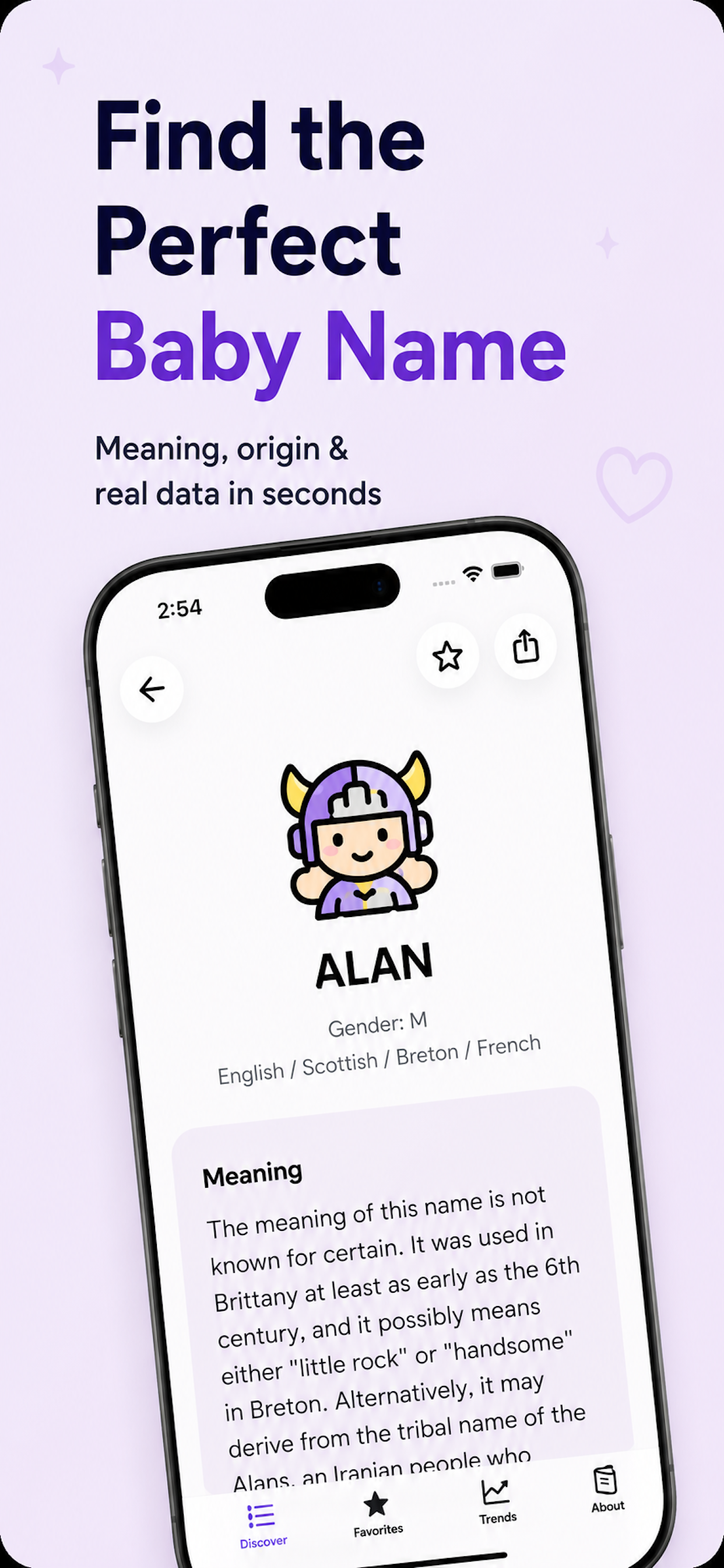 BabyNames app name meaning screen showing the name Alan
