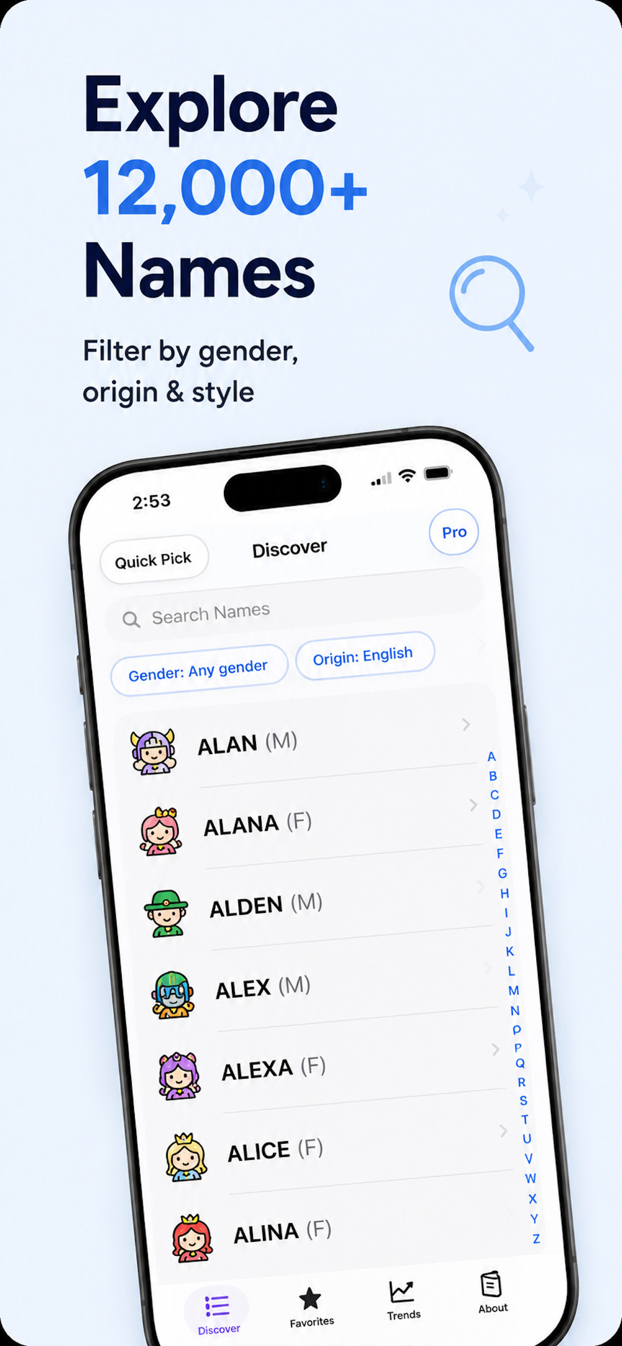 BabyNames app search list with gender and origin filters