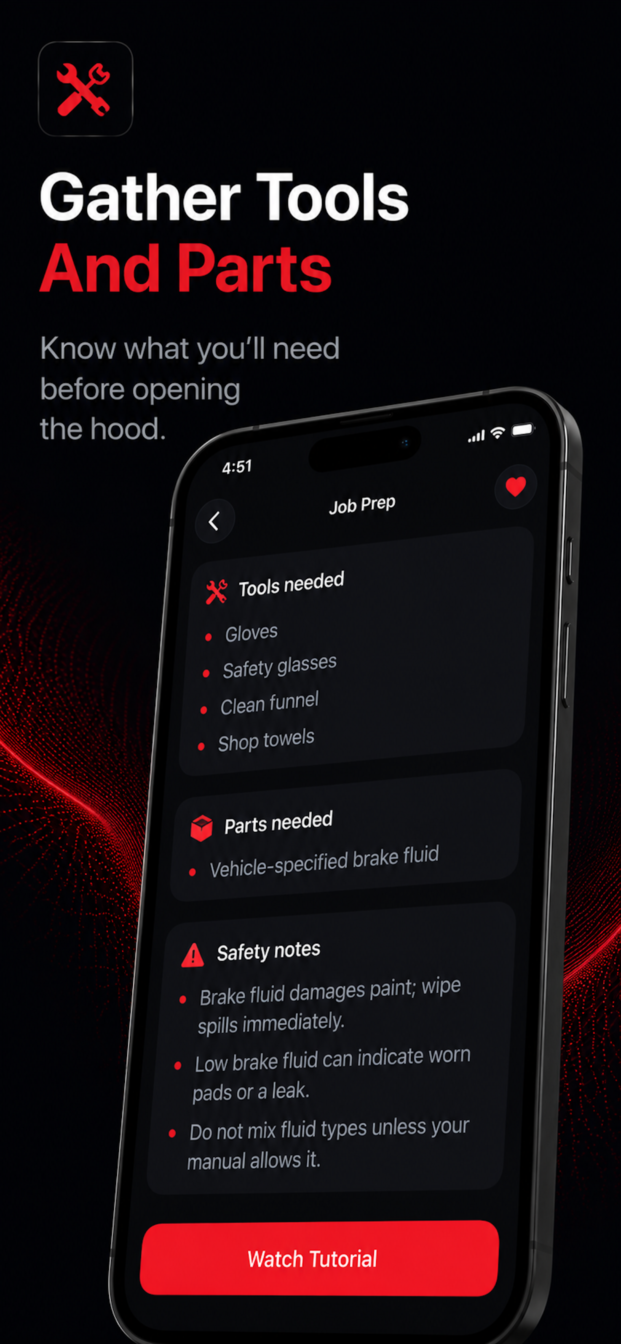 CarSavvy app tools, parts, and safety notes screen