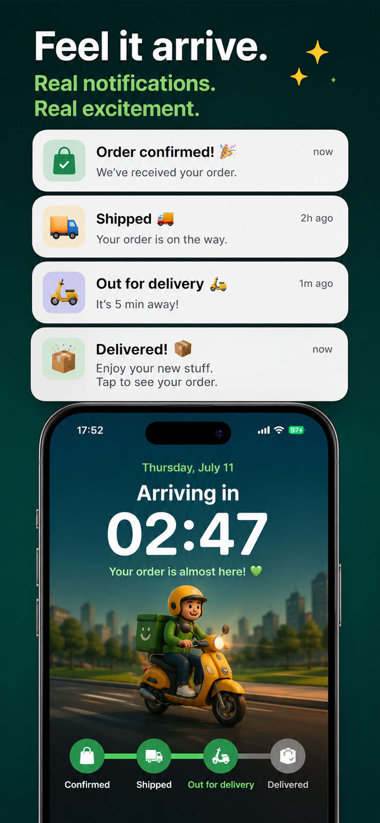 Dopamine Cart fake delivery notifications and live order tracking screen