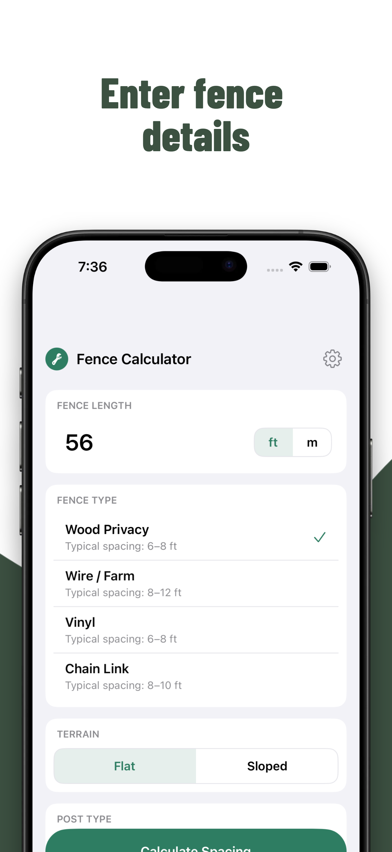 Fence Calculator Pro fence details screen with fence length, fence type, terrain, and post type