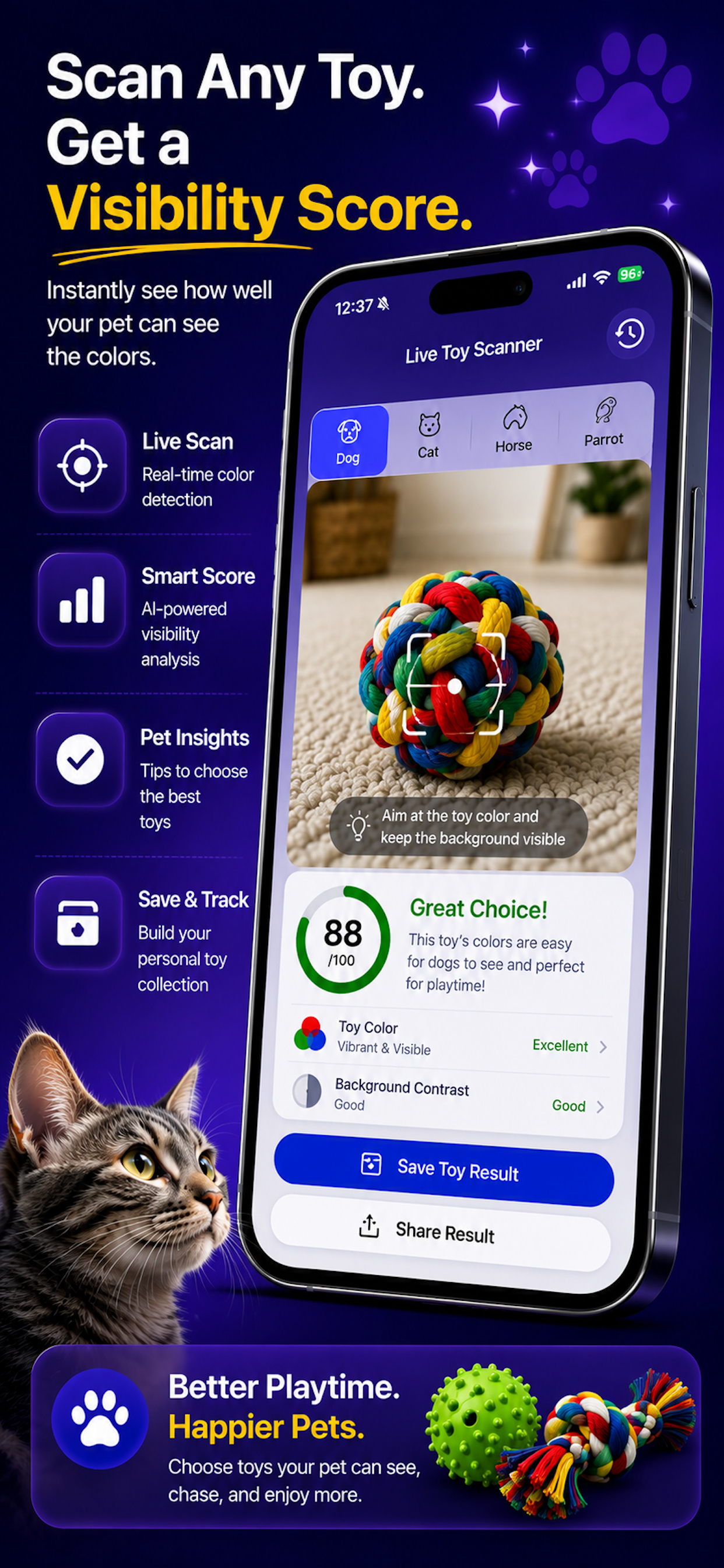 FurSight live toy scanner showing pet toy visibility score