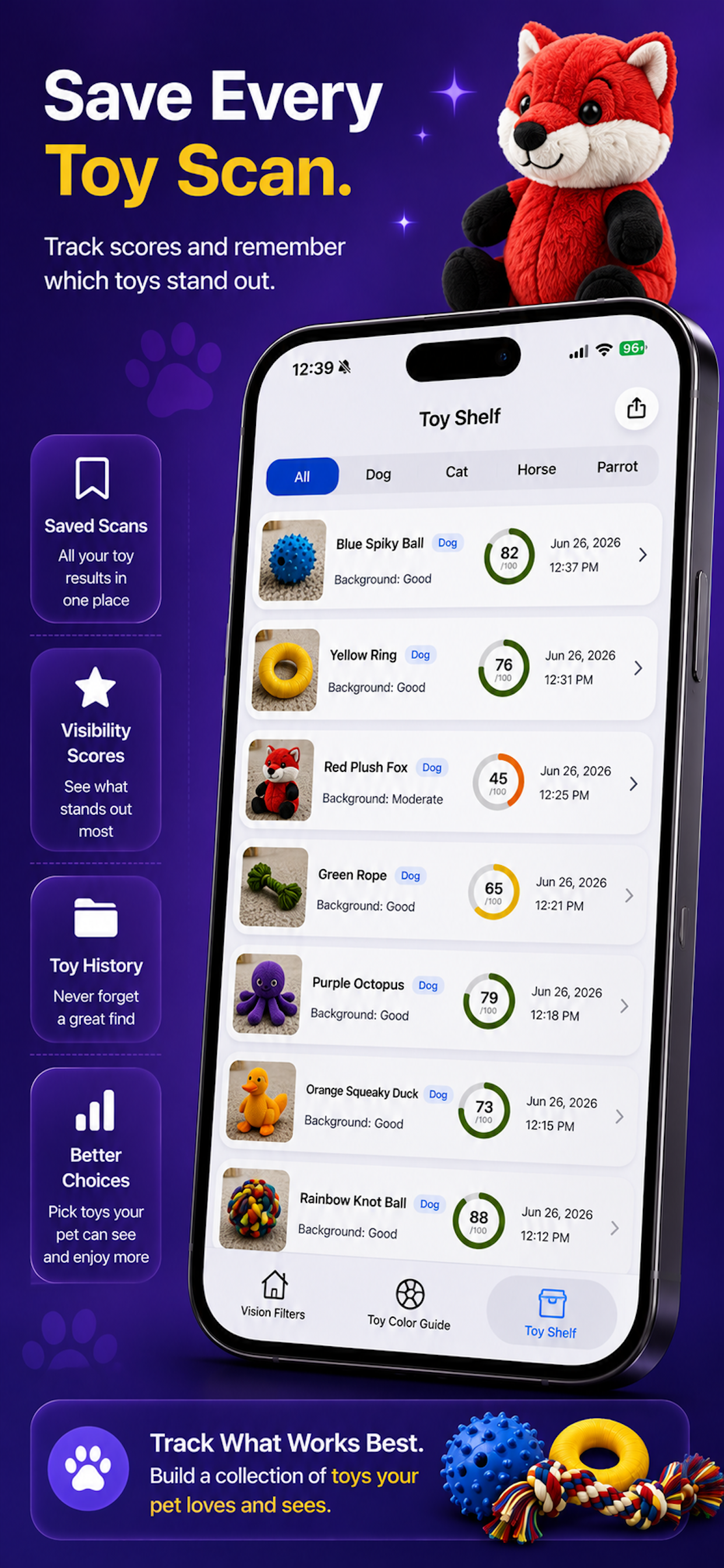 FurSight Toy Shelf saved toy scan history screenshot