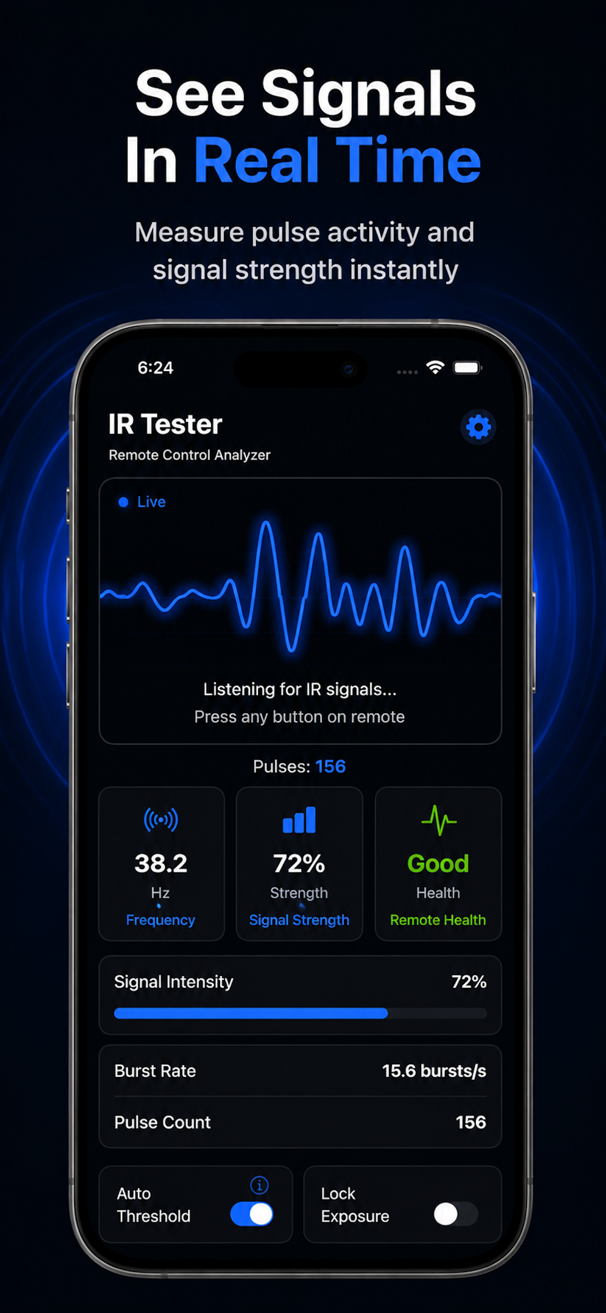 IR Signal Tester app screenshot showing real-time IR signal strength and pulse activity