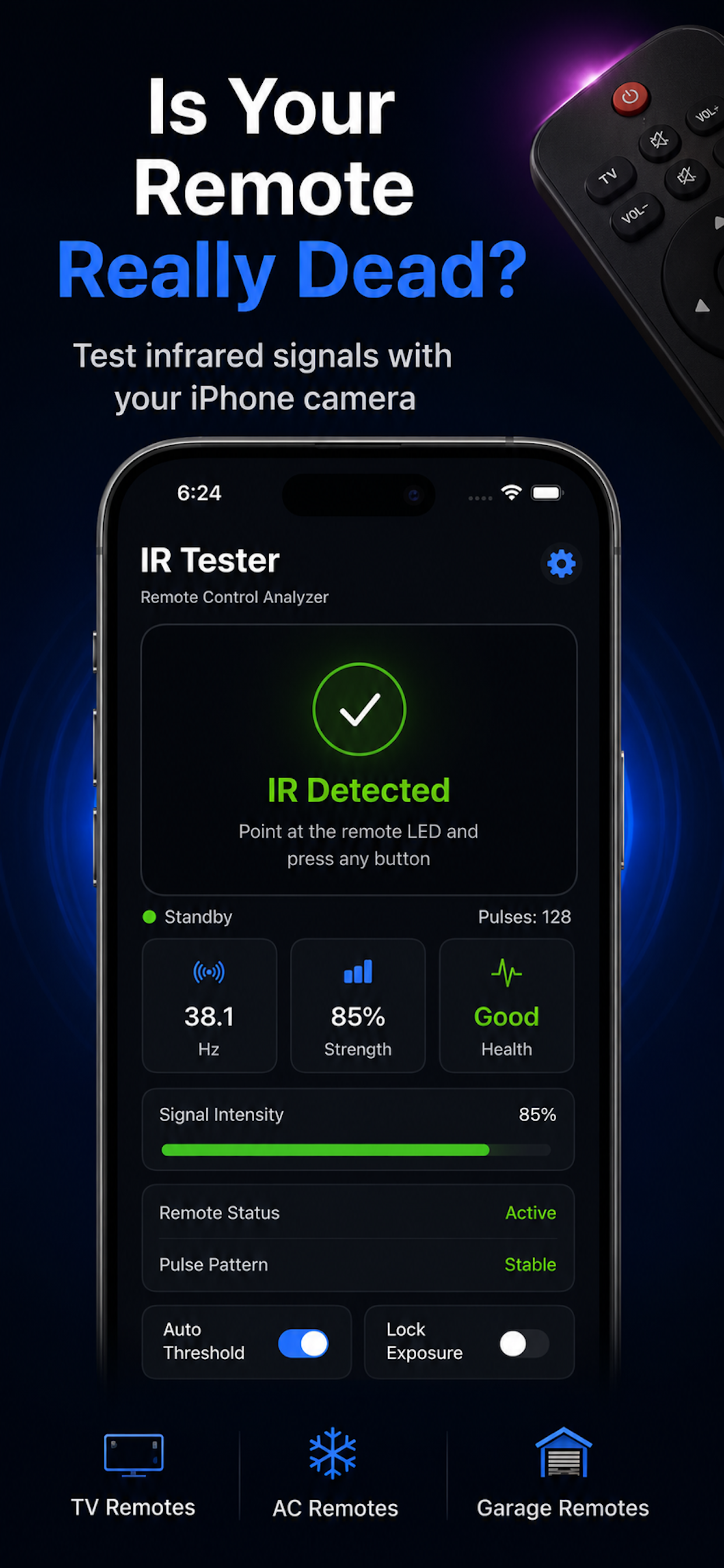 IR Signal Tester app screenshot for testing infrared remote control signals with an iPhone camera