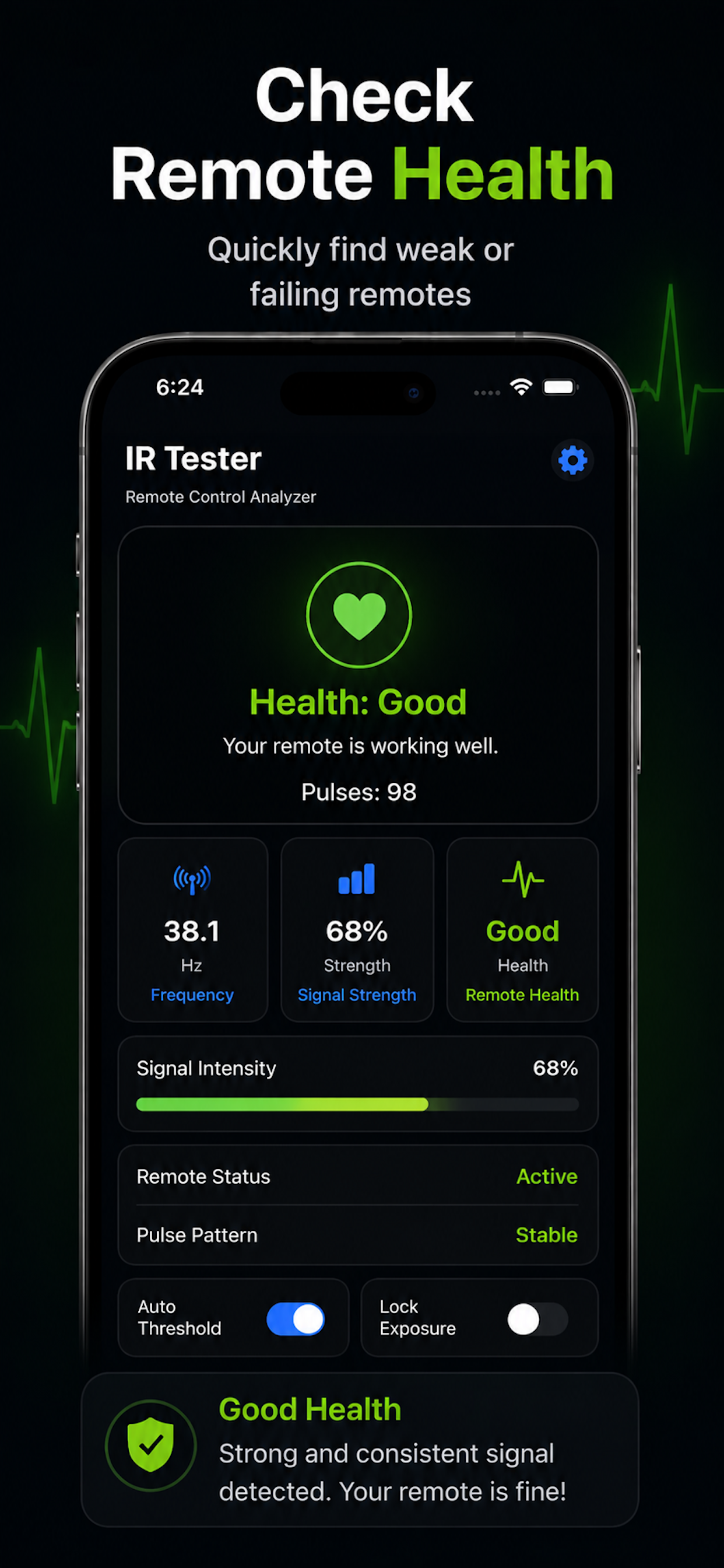 IR Signal Tester app screenshot showing remote health result and good infrared signal strength