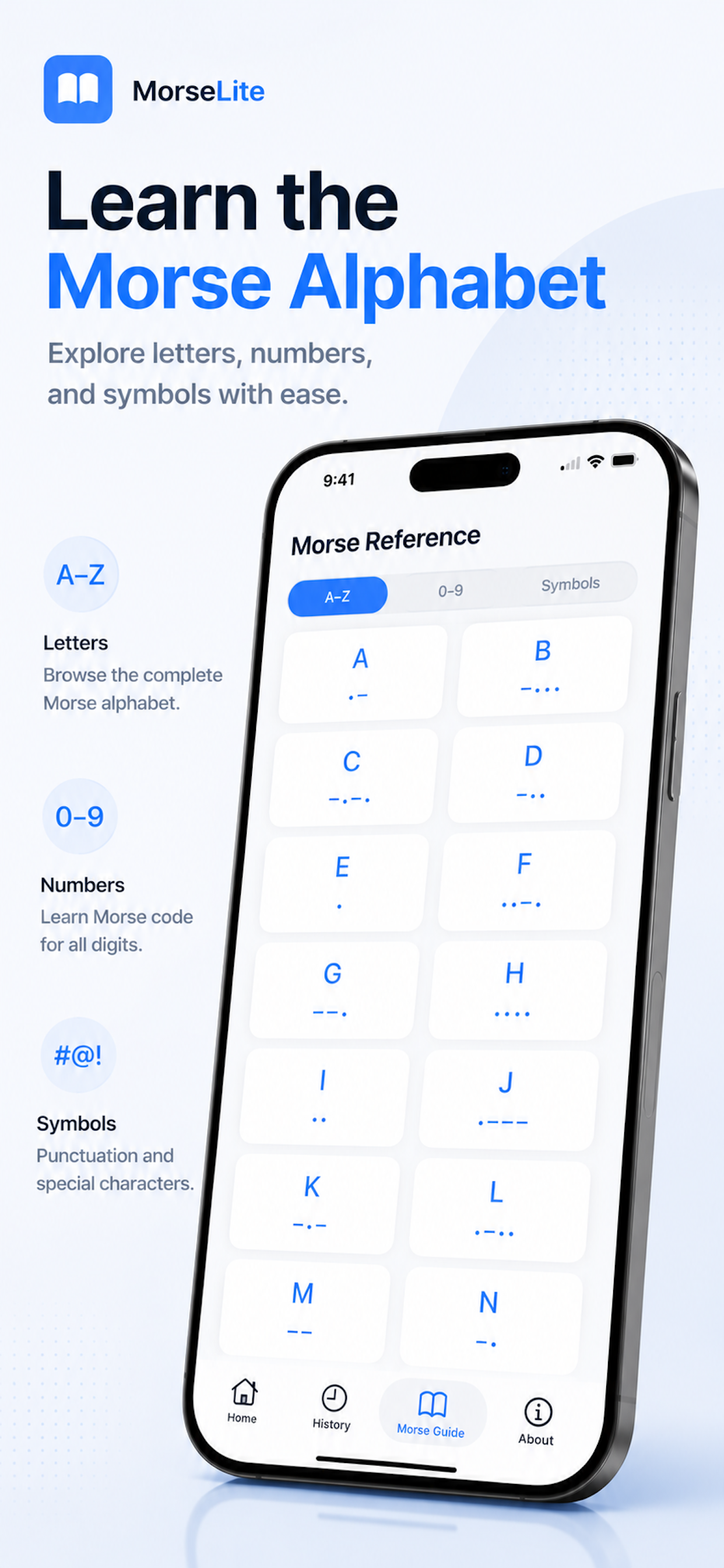 MorseLite app screenshot showing the Morse alphabet guide with letters, numbers, and symbols