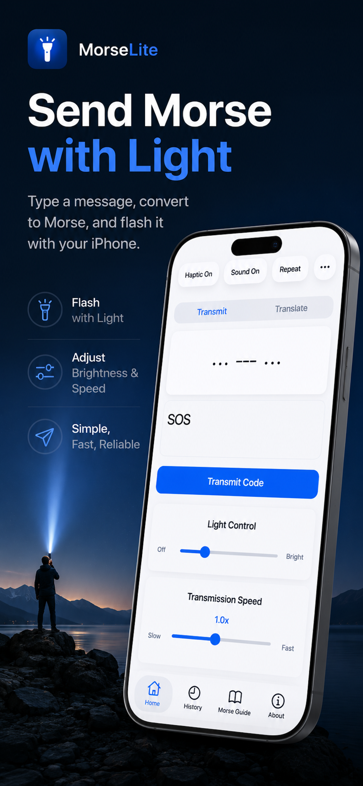 MorseLite app screenshot showing how to send Morse code with iPhone flashlight
