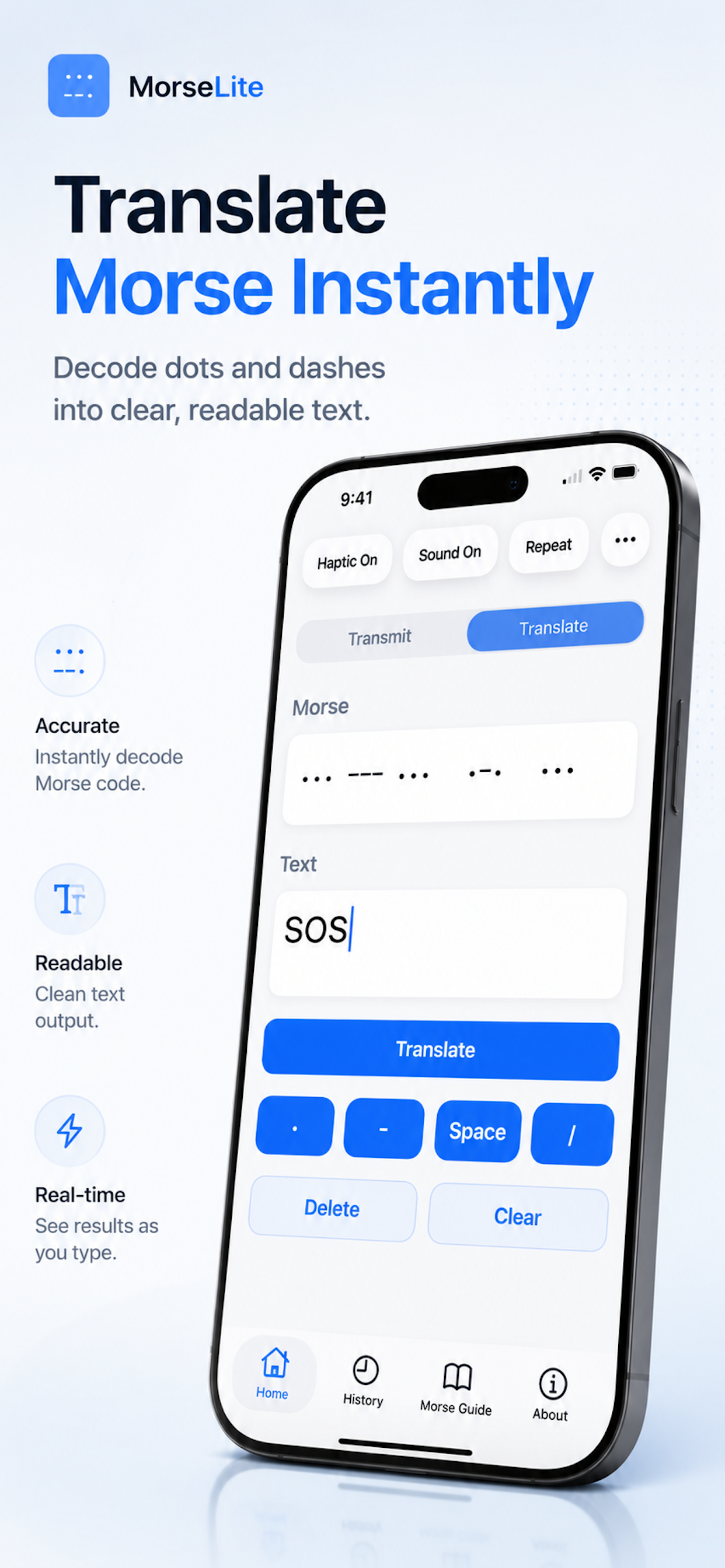 MorseLite app screenshot showing instant Morse code translation to readable text