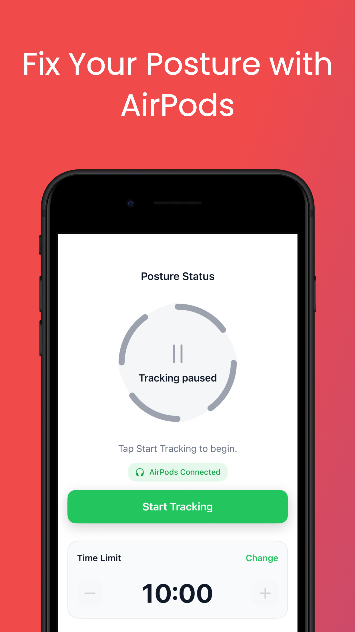 Posturly app screenshot showing AirPods connected and start posture tracking