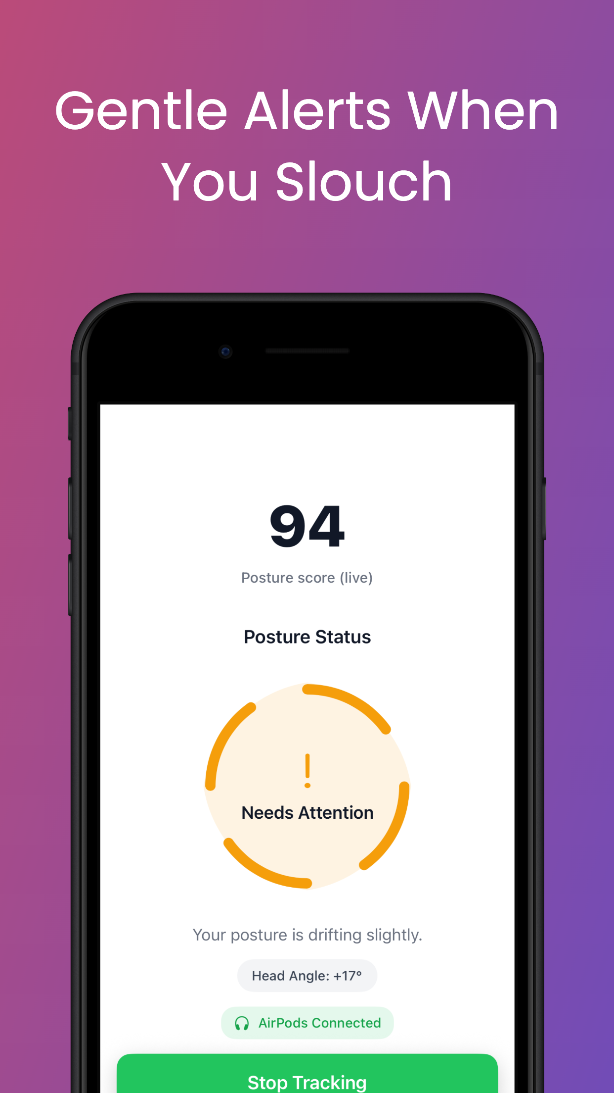 Posturly app screenshot showing gentle posture alert when slouching