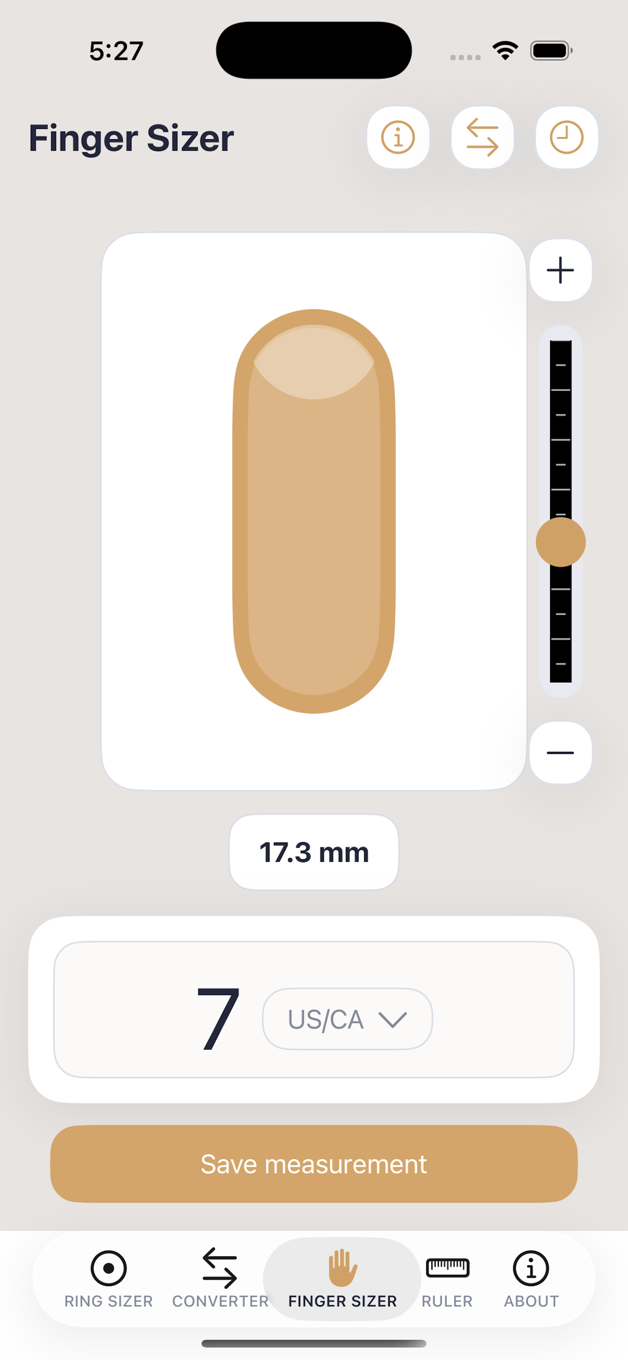 Ring Size Inspector ring size converter screen