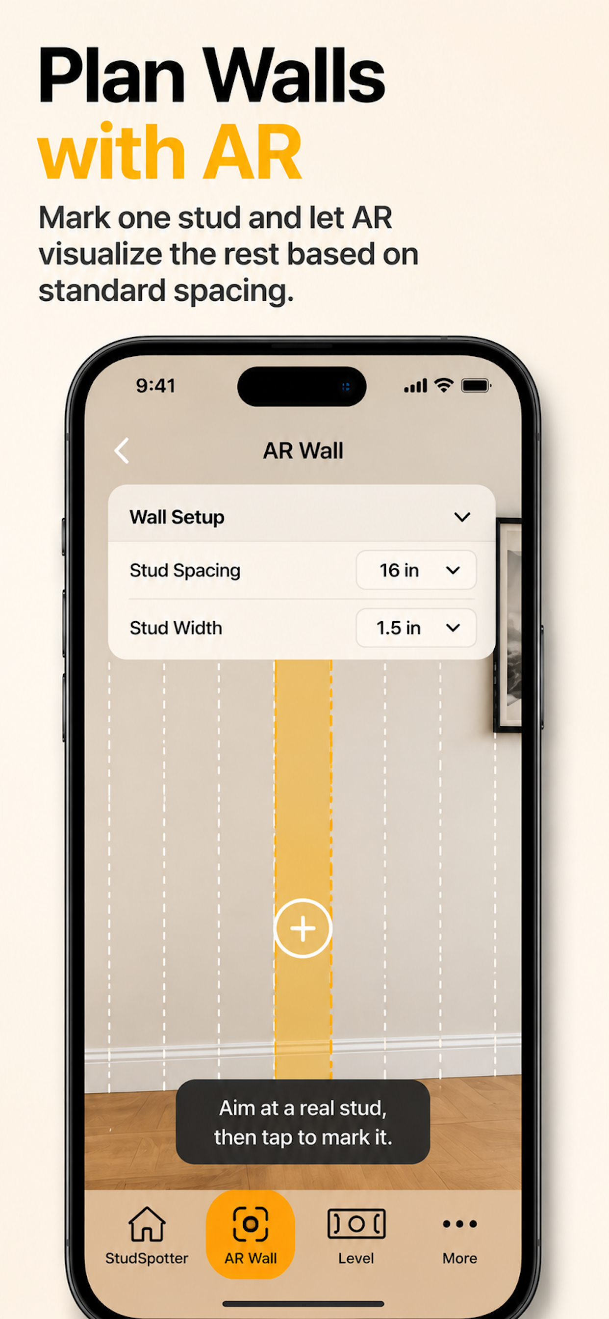 StudSpotter app screenshot showing AR wall mode with stud spacing visualization