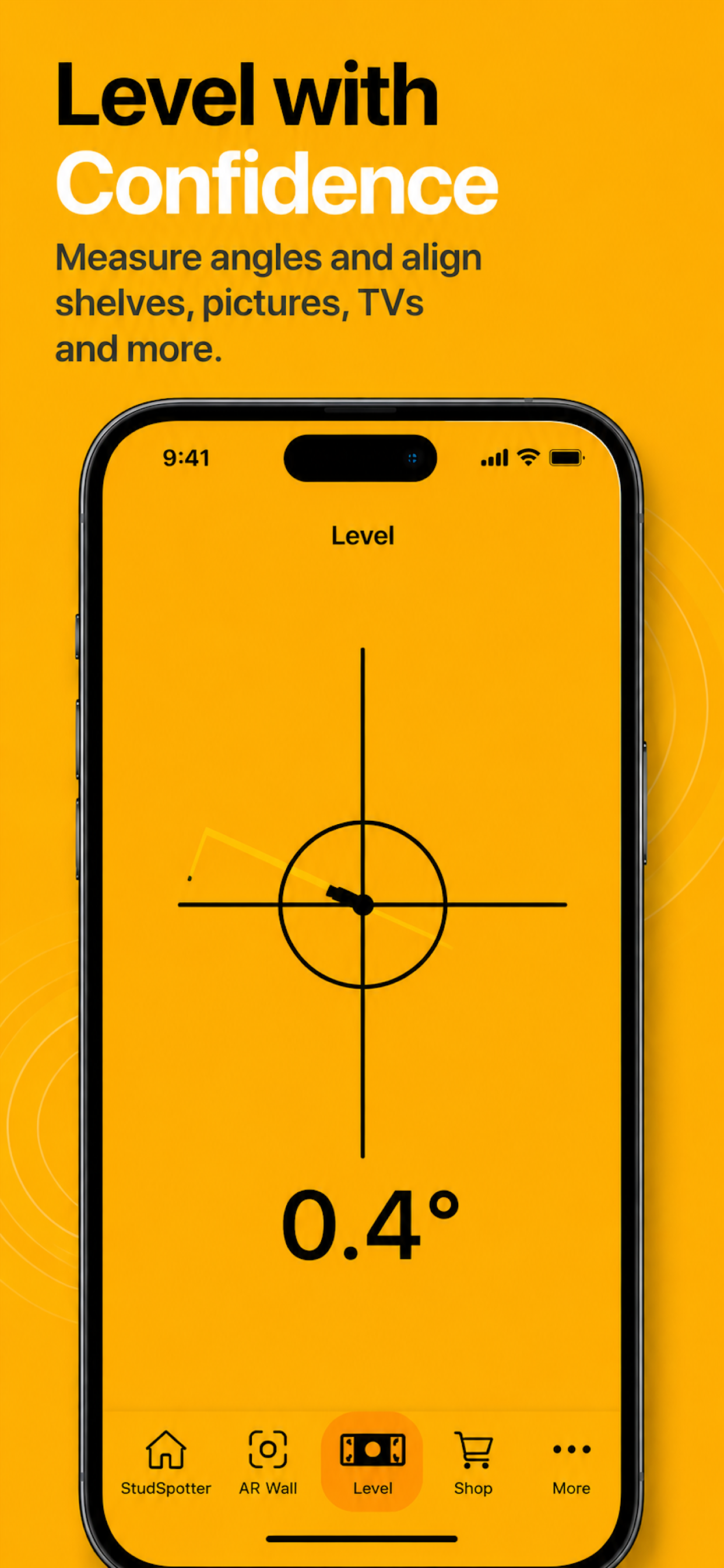 StudSpotter app screenshot showing precision level angle tool