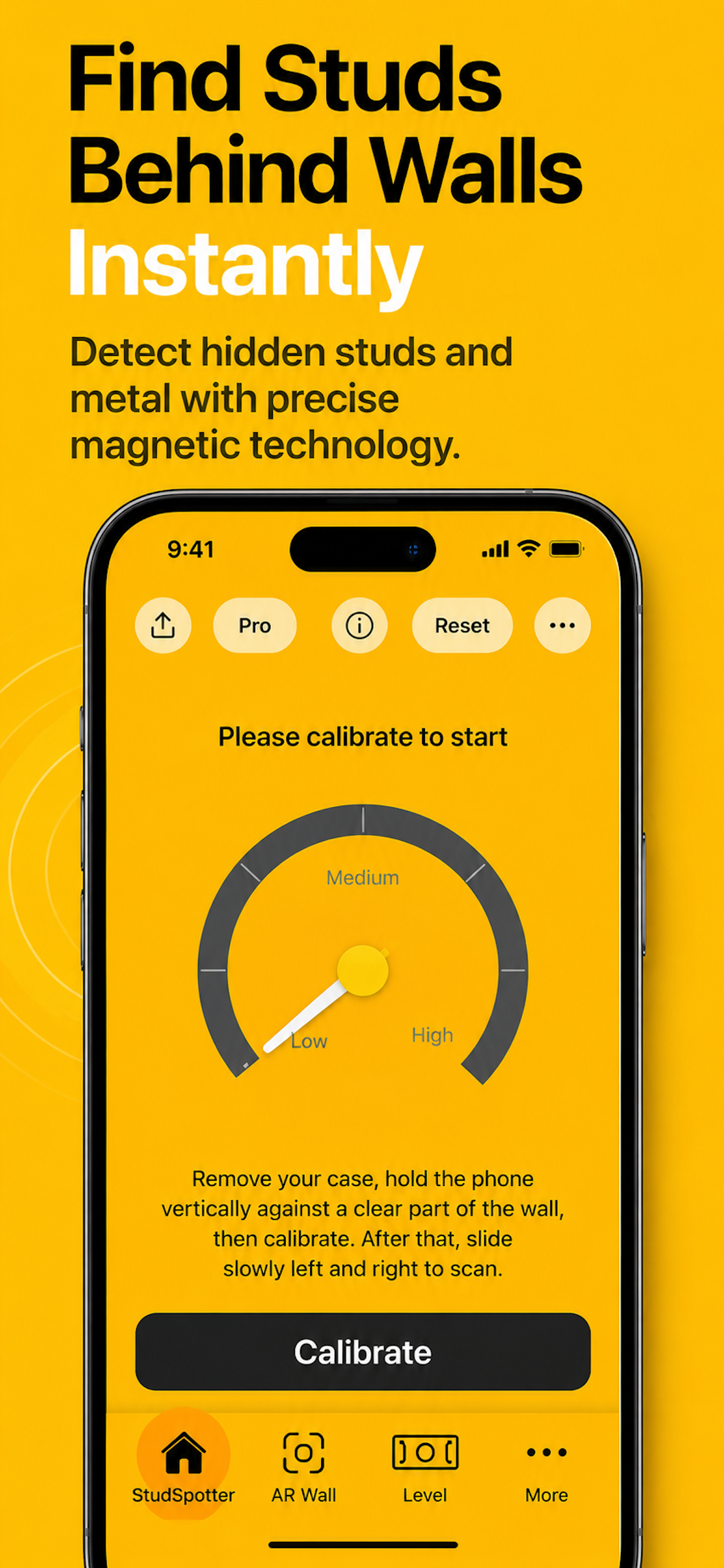 StudSpotter app screenshot showing magnetic stud finder gauge for finding wall studs